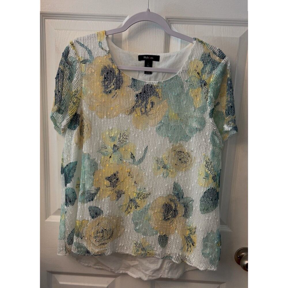 Style & Co. Women's Blouse L Pullover Round Neck Short Sleeve Hi-Lo Hem Lined